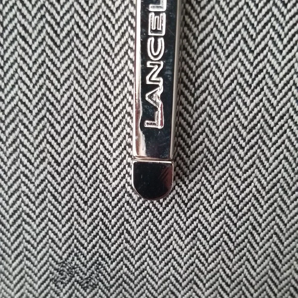 RARE LANCEL PARIS LOGO HERRINGBONE GRAY BLACK LEATHER SILVER HANDBAG BAG PURSE